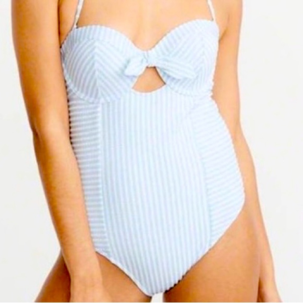 Abercrombie & Fitch Blue & White Seersucker‎ Striped Strapless Swimsuit M